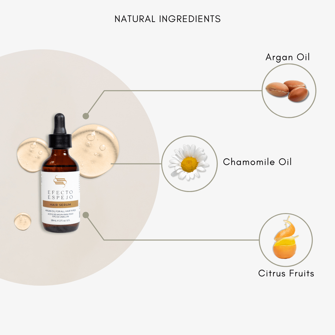 Natural ingredients of Efecto Espejo Hair Serum for smooth, shiny, and frizz-free hair