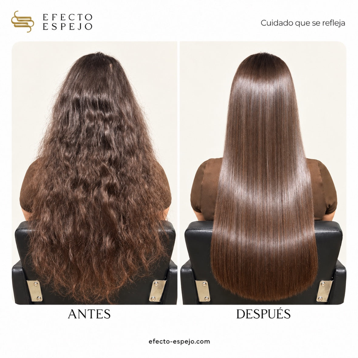 Efecto Espejo real results: before and after the nutrition treatment. Does not reduce volume, eliminates frizz, respects your natural volume.